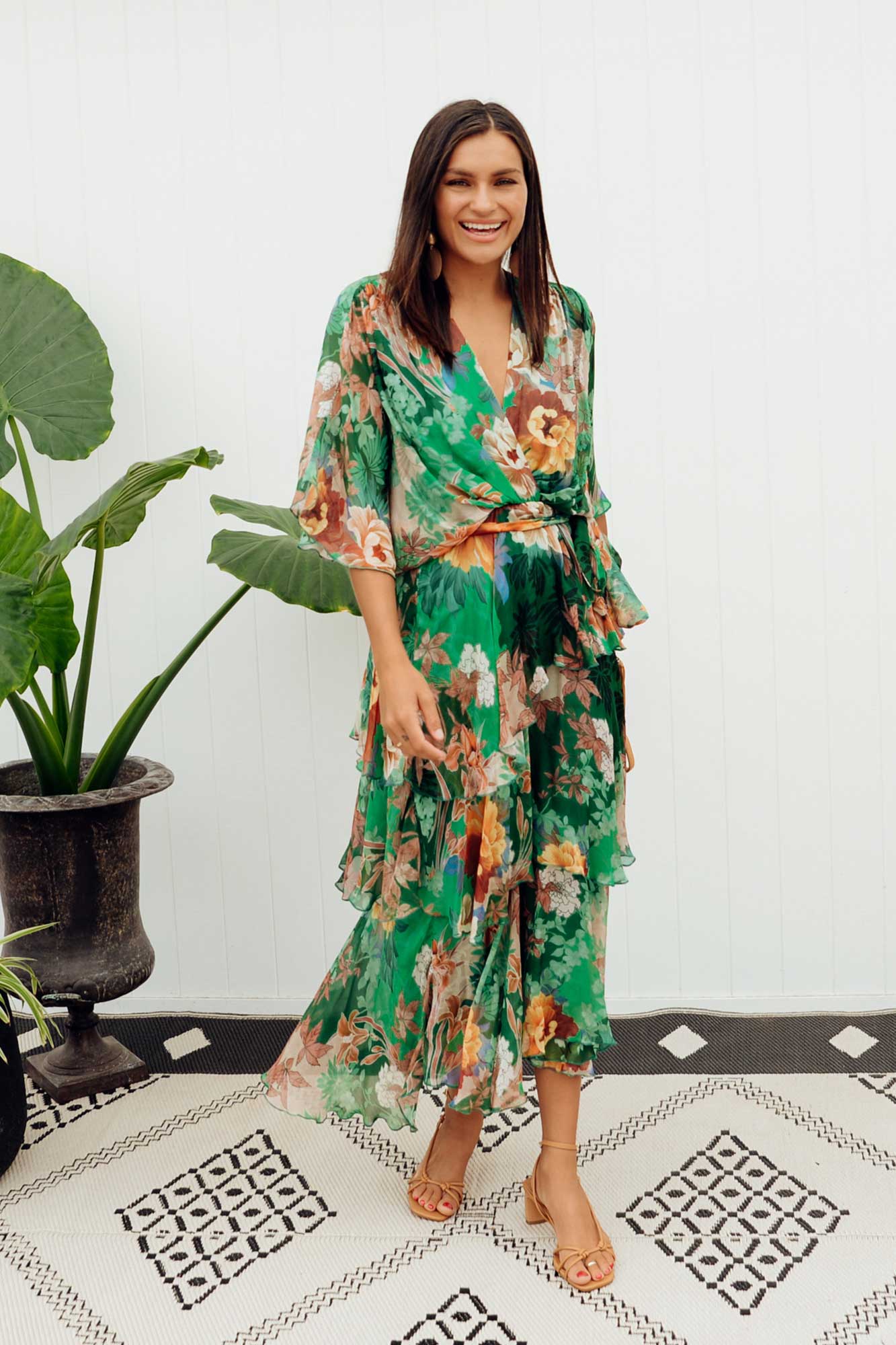 Natalie Green Floral Silk Layer Dress ...